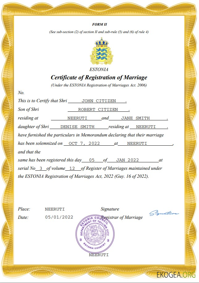 Modèle Word et PDF d'acte de mariage en Estonie